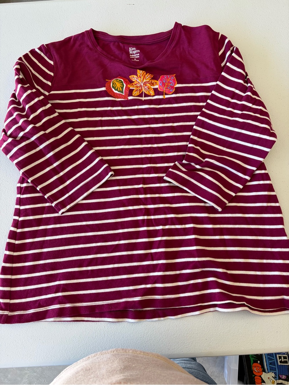 Kim Rogers Burgundy & White Striped Long Sleeve Top with Leaf Appliqué